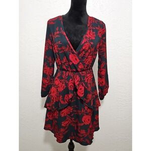 Huguest Sz Small Fauz Wrap Floral Dress Black Red Ruffle Fairygrunge Whimsigoth
